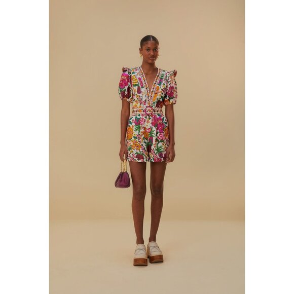 FARM RIO Romper XL Floral Off-White Flowerful Sketch Belted NEW - Picture 16 of 16